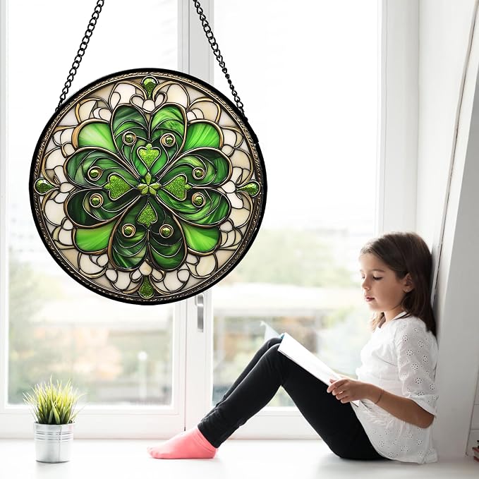 DASTOLL Stained Glass Window Hanging St. Ripak Festival Green Lucky Clover 6.3" - Suncatcher Door Garden Sun Catcher Ireland Decor Mother's Day for Mom Woman Her Men Sisters