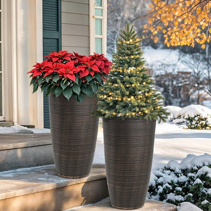 2-Pack 23.5" Bronze Plastic Tapered Planters with Vertical Stripes | Set of 2 PP tall planters with bronze vertical stripe texture, drainage plugs, and UV-treated finish for porch or patio