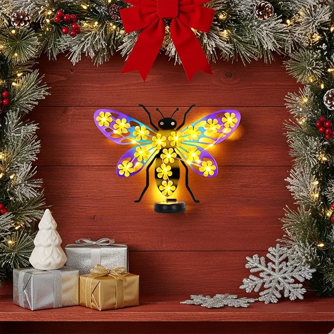 Metal Bee Outdoor Wall Decor with 30 Led Solar Lights- 13.8" Outdoor Fence Wall Art Decor, Gift for Mom Grandma Women Birthday Gardening,Hanging Decoration for Garden Patio Porch Yard
