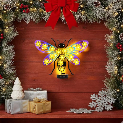 Metal Bee Outdoor Wall Decor with 30 Led Solar Lights- 13.8" Outdoor Fence Wall Art Decor, Gift for Mom Grandma Women Birthday Gardening,Hanging Decoration for Garden Patio Porch Yard