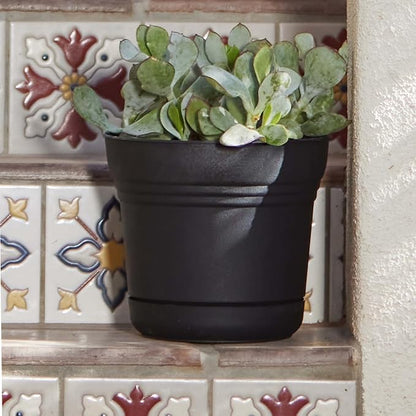 Bloem Saturn 10" Plastic Planter with Saucer, Black | Medium-sized pot with built-in drainage holes and detachable saucer tray to protect surfaces and keep your plant happy.
