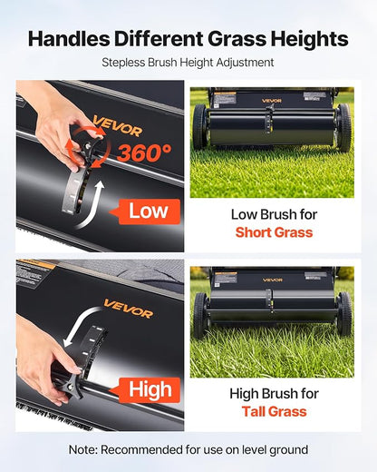 VEVOR Push Lawn Sweeper 26 Inch Leaf & Grass Collector Strong Rubber Wheels | Heavy Duty Thickened Steel Durable to Use with Large Capacity 7 ft³ Mesh Collection Bag, 4 Spinning Brushes