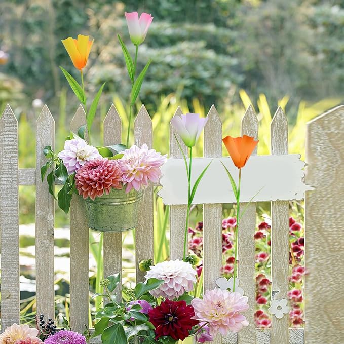 4pack Flower Garden Stake Decor, Rustic Metal Tulips Floral Stake Yard Art Ornament Outdoor Spring Decor, Garden Flowers Stick for Patio Lawn Yard Pot Decoration