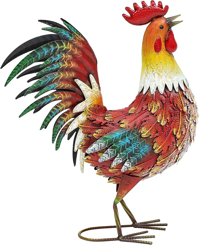 Metal Rooster Yard Decor, 21" Outdoor Garden Statues for Patio | Durable Metal with Hand-Painted Finish, Farmhouse Rooster Chicken Decor for Yard, Garden, Patio, Porch & Kitchen