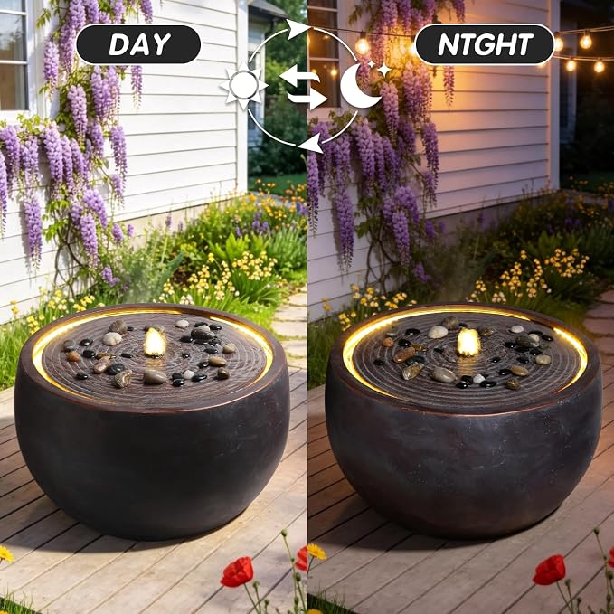 12.2" Outdoor Water Fountain, Modern Round Bowl Ripple Design, Outdoor Freestanding Water Fountain with LED Lights and Pump, Garden Water Feature, Polyresin Stone Finish, Pink Purple