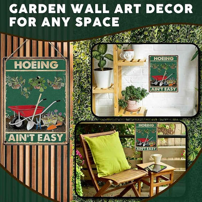 PEACHGARDEN Funny Garden Signs Hoeing Ain't Easy Gardening Gifts for Women Garden Decor for Outdoor Yard Art Patio Wall Decor 12x16 inch