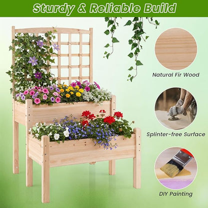 Giantex Raised Garden Bed with Trellis, 2-Tier Elevated Planter Box for Climbing Plants, Flowers, Vegetables, Herbs, Outdoor Wooden Vertical Garden Bed with Drainage Holes, for Patio Backyard Balcony