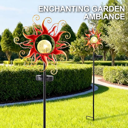 Solar Lights Outdoor Waterproof Red Sun Metal Crackle Glass Stake Decorative for Outside,Yard,Lawn,Patio,Walkway Mothers'Day Gifts Mom Grandma Garden Lover