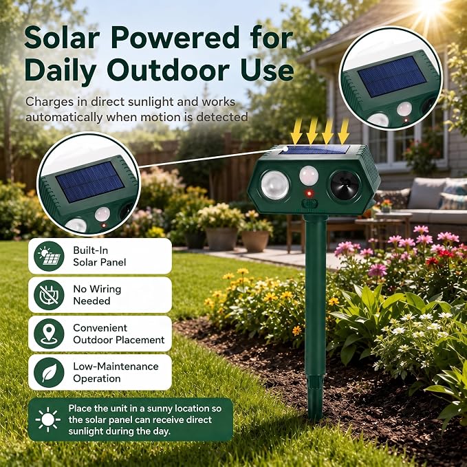2026 Upgraded Solar Ultrasonic Animal Repeller Outdoor,Deer Repellent Devices with Motion Sensor & LED Flashing Light, Cat Deterrent for Yard,Garden,Rabbit, Squirrel, Raccoon, Dog,4 Pack Green