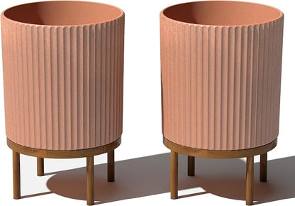 Veradek Demi Series Round Planter w/Stand for Porch/Patio | Durable Plastic-Stone Composite & Wooden Stand | Modern Décor for Tall Plants, Flowers