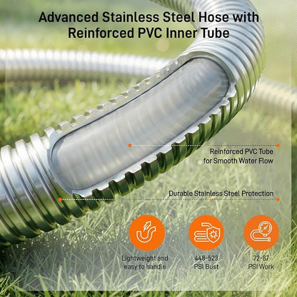 Garden Hose, 50ft 5/8" Stainless Steel Water Hose w/ 10-Mode Spray Nozzle, On/Off Valve, 523 PSI Burst, Anti-Kink, Lightweight All-Weather Flexible, Leakproof 3/4" Brass Male to Female Fittings