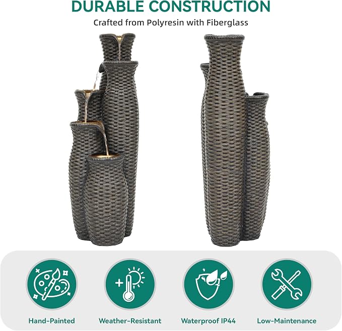 Autodaya 5-Tier Faux Rattan Vase Water Fountain Outdoor with LED Lights | Polyresin Cascading Waterfall Feature, Unique Natural Water Feature, Tranquil Oasis for Garden, Patio Yard Porch Decor, 33"H
