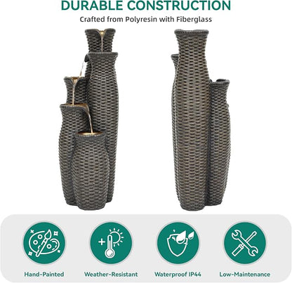 Autodaya 5-Tier Faux Rattan Vase Water Fountain Outdoor with LED Lights | Polyresin Cascading Waterfall Feature, Unique Natural Water Feature, Tranquil Oasis for Garden, Patio Yard Porch Decor, 33"H