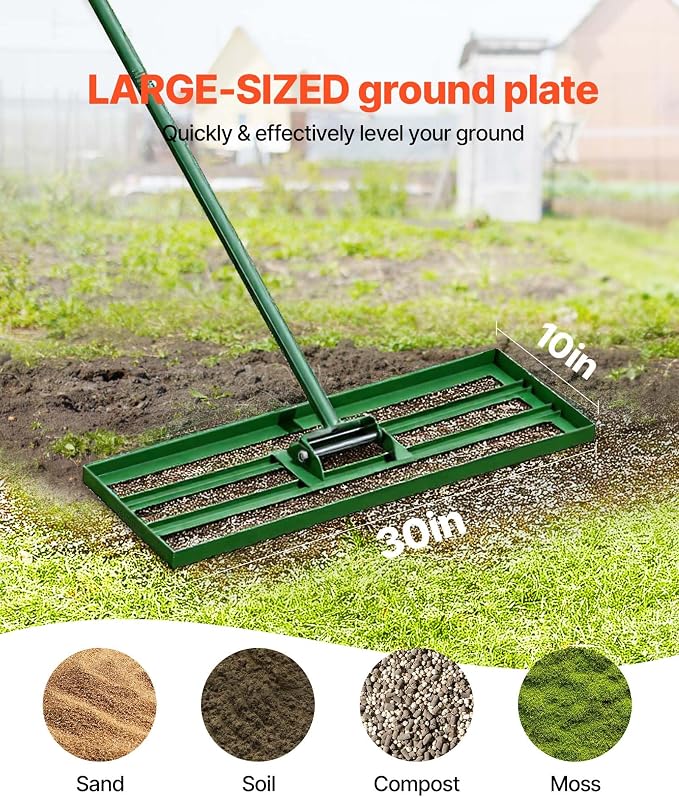 VEVOR Lawn Leveling Rake, 30"x10" Level Lawn Tool, Heavy-Duty Lawn Leveler with 78" Steel Extended Handle, Yard Leveling Rake Suit for Garden, Golf Lawn, Farm