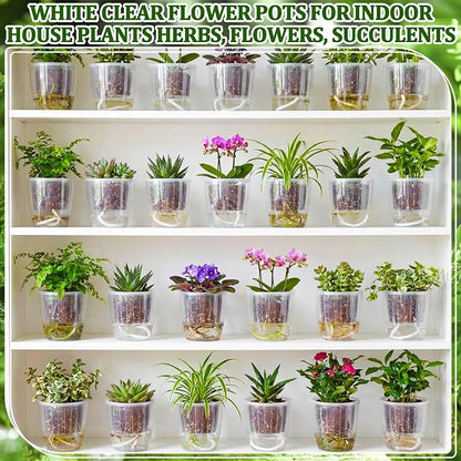 18 Pcs Self Watering Pots 4.3 Inch Plastic Flower Plant Pot with Inner Pot Self Watering Wick Planter White Clear Flower Pots for Indoor House Plants Herbs, Flowers, Succulents (Transparent)