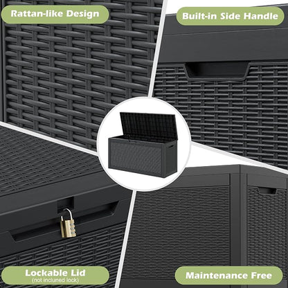 Outdoor Storage Box, Resin Deck Boxes Indoor and outdoor, Waterproof Storage Box Lockable Lid (Black, 70 Gallon)