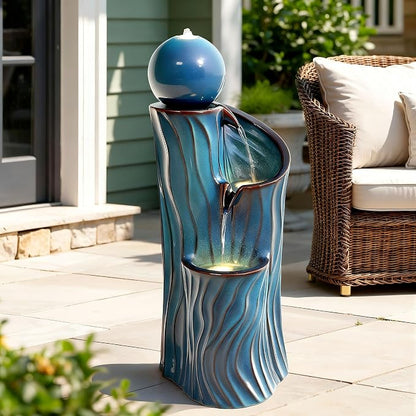 32" H Ceramic Outdoor Water Fountain with Lights, Art Sphere Fountains for Outside, Soothing Cascading Waterfalls for Relaxing Garden Patio Yard or Porch Decor, Turquoise, Dynamic Wave-Texture