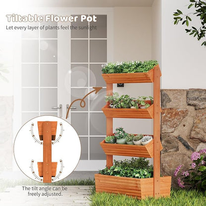 Wooden Raised Garden Bed Vertical Planter Box, Freestanding Plant Stand for Indoor Outdoor Plants, Herbs, Flowers, Vegetables, Gardening (Reddish Brown, 4-Tier，29.9 x 17.9 x 55in)