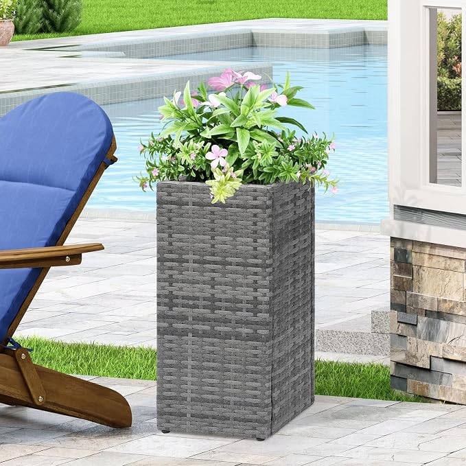 SUNNYPARK 2 Pack Tall Planters for Outdoor Rattan Square Box 12x12x24inch | All-Weather, Handmade PE Rattan, Removable Liner, Indoor Outdoor, Patio Porch Garden, Modern Design for Plants Flowers