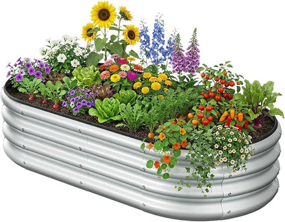 4x2x1 FT Oval Metal Raised Garden Bed, Open Bottom Design Elevated Garden Planter Box Outdoor, Trough Planter for Outdoor Plants, Flower, Vegetables, Fruit, Herbs (Silver, 1PC)