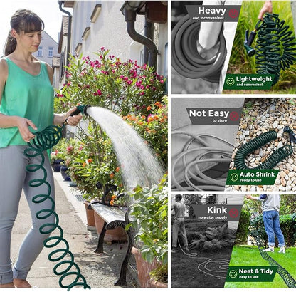 Coil Hose 10FT EVA Coil Garden Hose With 3/4'' Brass Connector Coiled Water Hose Lightweight And No Kink Includes 7 Patterns Spray Nozzle For Outdoors Lawn Watering Car Washing