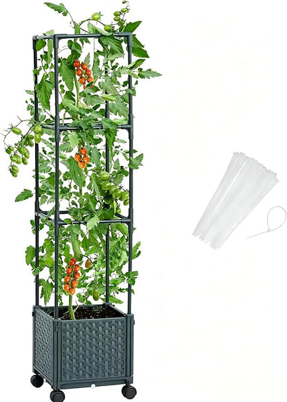LINEX Raised Garden Bed Planter Box with Trellis, 41.3” Tomato Planters for Climbing Plants Vegetable Vine Flowers Outdoor Patio, Tomatoes Cage w/Self-Watering& Wheels