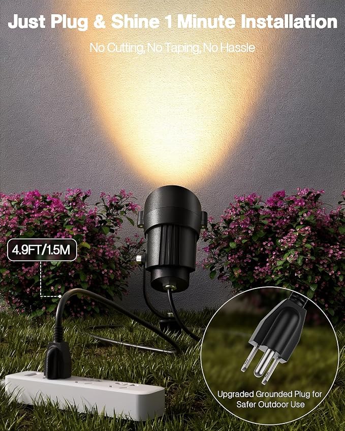 HIBOITEC 12W Plug in Outdoor Spotlights 6 Packs, 36° COB LED Spot Light Waterproof, ET; Listed 2900K Landscape Lights with Aluminum Stake for Yard Driveway Garden House Facade
