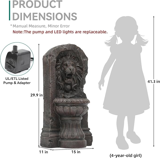 30" Lion Head Outdoor Water Fountain LED Stone Cascading Waterfall | faux granite stone texture, European courtyard, patio yard,Deck Floor Garden Decor