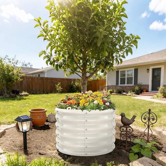 YSEJOMP 17" Tall 24" Diameter Round Raised Garden Bed Kits Outdoor White | 1.5 FT Tall,2FT Planter Bed for Flowers,Herbs,Vegetables,Trees,0.8MM Thick Galvanized Metal Painted,with Gloves,Tool free