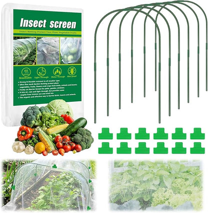 10 X 33 FT Garden Mesh Netting Kit Pest Barrier for Raised Beds, Fruit Tree Netting with 6 Sets Garden Hoops & 12 Clips for Cicadas Bird Insect, Blueberry Bush Netting Cover for Garden Protection