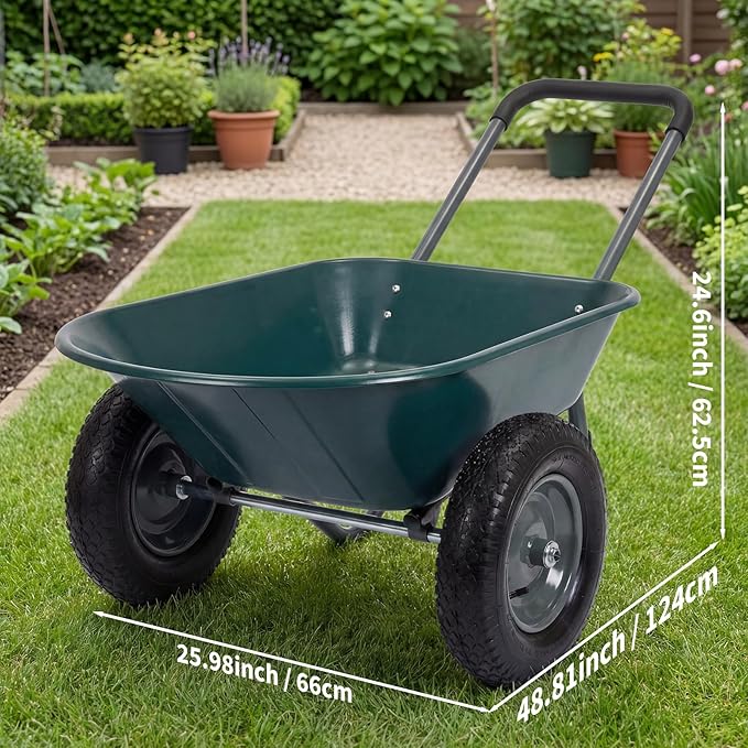 Garvee Wheelbarrow Garden Cart, Heavy Duty Home Utility, Dual-Wheel Home Garden Yard Utility Wheelbarrow Cart with Built-in Stand,(Green)