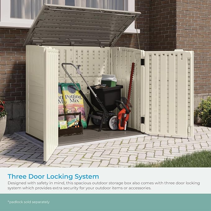 Suncast 4 Pack 34 Cu Ft Capacity Horizontal Outdoor Storage Shed for Garbage Cans, Garden Accessories, Backyard, and Patio Use, Vanilla