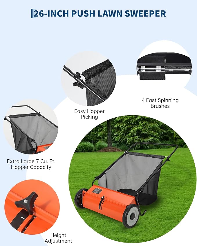 GarveeLife 26 Inch Push Lawn Sweeper with 4 Spinning Brushes, 7 Cu.ft Large Capacity Leaf Collector, Adjustable Height Grass Sweeper, All Terrain Lawn Leaf Debris Removal Tool for Yard Garden Patio