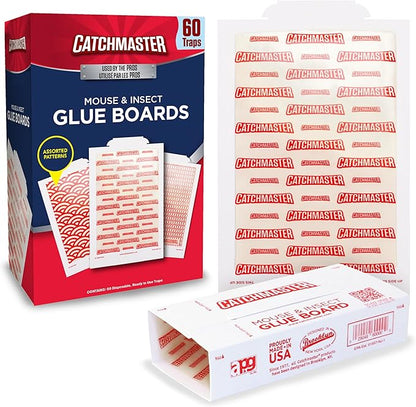 Catchmaster Extra Sticky Insect & Mouse Traps 60-Count, 5.3"x8" Glue Boards for Mice & Insects, Ultra Sticky Rat & MouseTraps Indoor for Home Use in Garages, Basements & Attics, Pest Control for Home