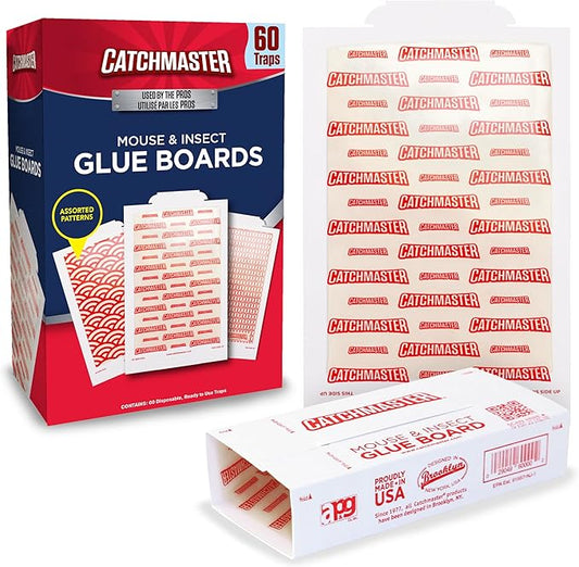 Catchmaster Extra Sticky Insect & Mouse Traps 60-Count, 5.3"x8" Glue Boards for Mice & Insects, Ultra Sticky Rat & MouseTraps Indoor for Home Use in Garages, Basements & Attics, Pest Control for Home