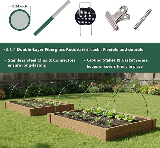 Garden Hoops Kit for Raised Beds, Plant Cover Support Hoops | Row Cover Hoops for Garden Netting, Frost Cloth, DIY Greenhouse Hoops with 40pcs Rods, Connectors, Ground Stakes and Clips