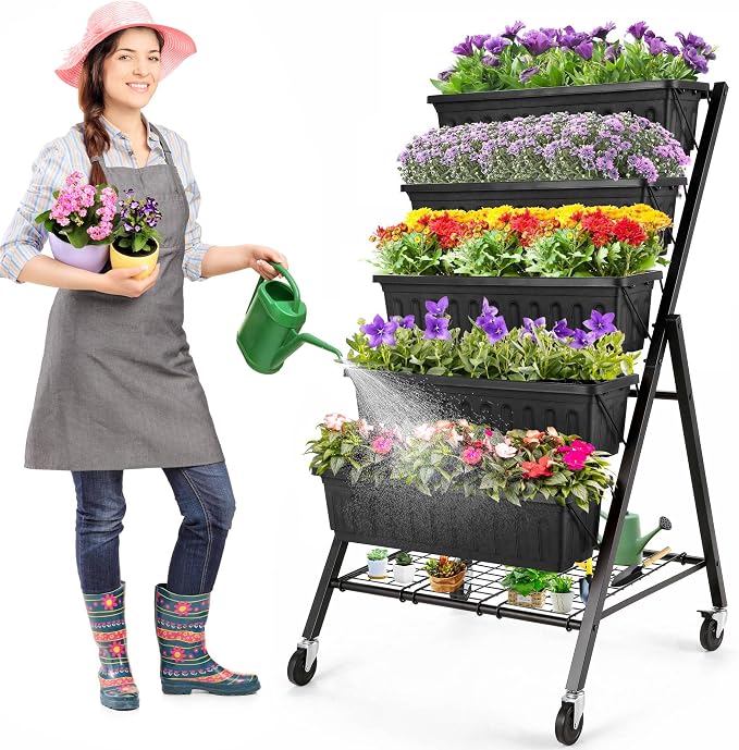 Homdox 4FT Vertical Garden Bed, 5 Tiers Vertical Raised Garden Planter, 25.6 * 26 * 48Inch Garden Raised Bed with 4 Hooks & 4 Wheels, Vegetable Flower Planter Raised Stand, Black with Storage Rack