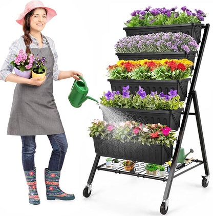 Homdox 4FT Vertical Garden Bed, 5 Tiers Vertical Raised Garden Planter, 25.6 * 26 * 48Inch Garden Raised Bed with 4 Hooks & 4 Wheels, Vegetable Flower Planter Raised Stand, Black with Storage Rack