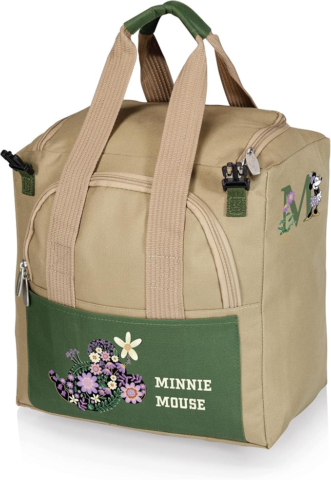 PICNIC TIME Disney Minnie Mouse Gardener Folding Seat with Tools, Folding Garden Stool with Detachable Tote and 5 Piece Hand Tool Set Organizer, (Olive Green with Beige Accents)