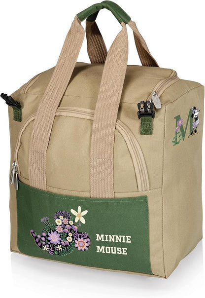 PICNIC TIME Disney Minnie Mouse Gardener Folding Seat with Tools, Folding Garden Stool with Detachable Tote and 5 Piece Hand Tool Set Organizer, (Olive Green with Beige Accents)