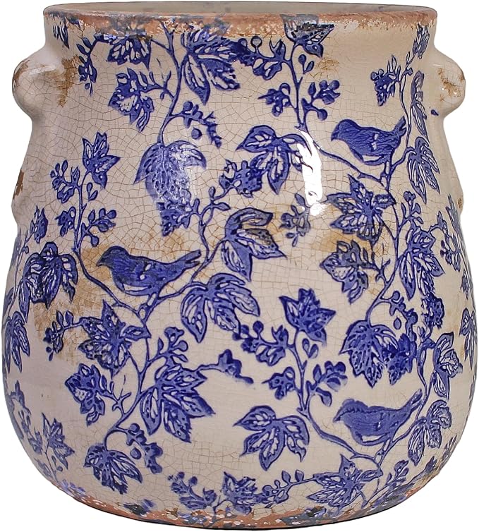 English Country Ceramic Multifunctional Planter, 6.7 Inch Vintage Flower Pot with Drainage Hole, Rustic Chinoiserie Vase & Utensil Holder, Farmhouse Kitchen Garden Decor, Housewarming Gift (Blue Bird)