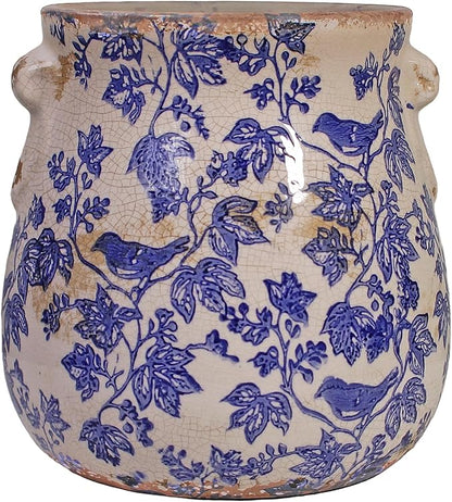 English Country Ceramic Multifunctional Planter, 6.7 Inch Vintage Flower Pot with Drainage Hole, Rustic Chinoiserie Vase & Utensil Holder, Farmhouse Kitchen Garden Decor, Housewarming Gift (Blue Bird)