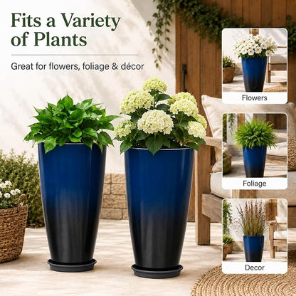 Neoaider Set of 2 Tall Planter, 21 inch Large Plastic Planter, Dark Blue | Ceramic-Look, Lightweight, Built-in Drain Hole, Saucers, Tall Outdoor Planter for Porch, Garden, Patio, Balcony