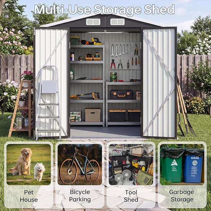6x4FT Outdoor Storage Shed with Floor Black | Metal Garden Tool Shed with Sloping Roof & Lockable Door for Patio Lawn Backyard