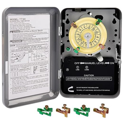 T101 Mechanical Timer Switch - 120V 2HP 40A SPST Electromechanical Timers, 12 ON/Off 24 Hour Timer with Tripper for Lights, Pool Pumps, Water Heater Fans & HVAC Systems