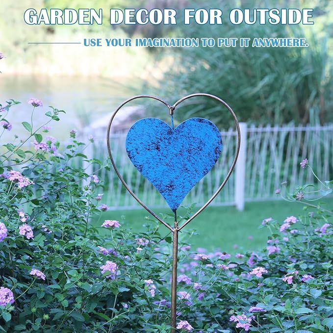 Metal Garden Decor for Outside，Rotating Heart-Shaped Garden Stake, Cemetery Decorations for Grave,Perfect for Planter Decorations, Outdoor Lawn Gardens, Also the Best Choice for Gifts - Blue