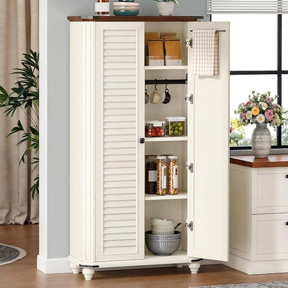 DWVO 4-Tier Storage Cabinet with 2 Shutter Doors, Farmhouse Kitchen Pantry Cabinet with Adjustable Shelves, Wooden Cabinet for Kitchen, Dining Room, Living Room, Office, Rustic White | 4-Tier Storage Cabinet with 2 Shutter Doors, Wooden Cabinet for Kit...