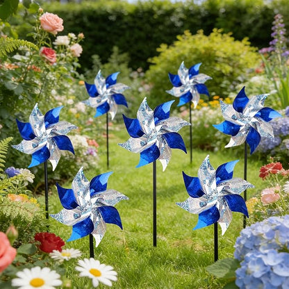 Hausse 12 Pack Reflective Blue Pinwheels with Stakes (Pre-assembled), Extra Sparkly Pin Wheel for Garden Decor, Bird Repellent Devices Deterrent to Scare Birds Away from Yard Patio Farm, Silver & Blue