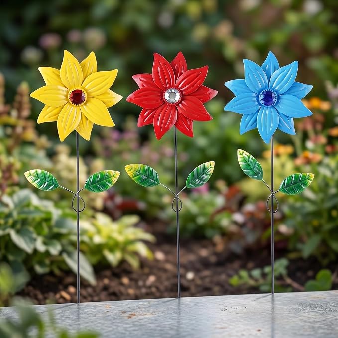 3-Pack Metal Flower Garden Stakes, 16 Inch Weatherproof Floral Yard Art, Vibrant Yellow Red Blue Outdoor Decor for Patio, Lawn & Planter