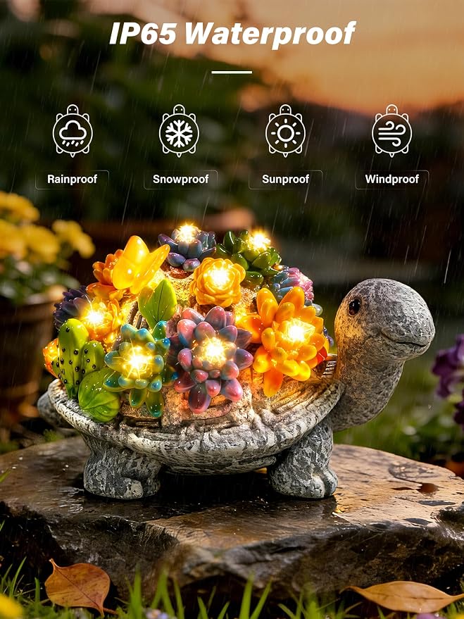 Guhope Solar Garden Statues, Outdoor Turtle Decor with Succulent and 8 LED Lights, Resin Outside Yard Figurine Decor for Garden, Yard, Lawn, Balcony, Porch, Gifts for Mom Grandma